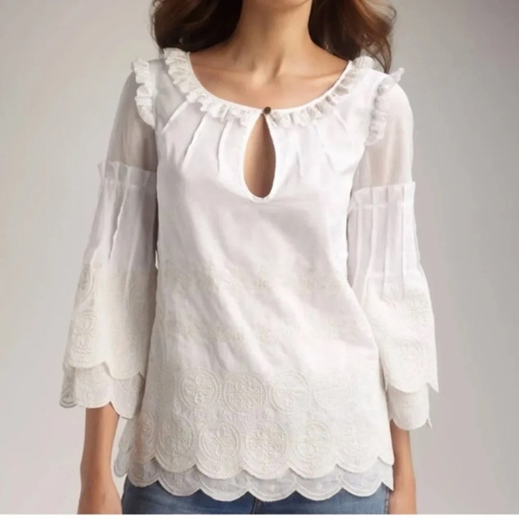 Tory Burch Chelsie Logo Embroidered Scallop Blouse White/Cream Sz 4 - Picture 1 of 8